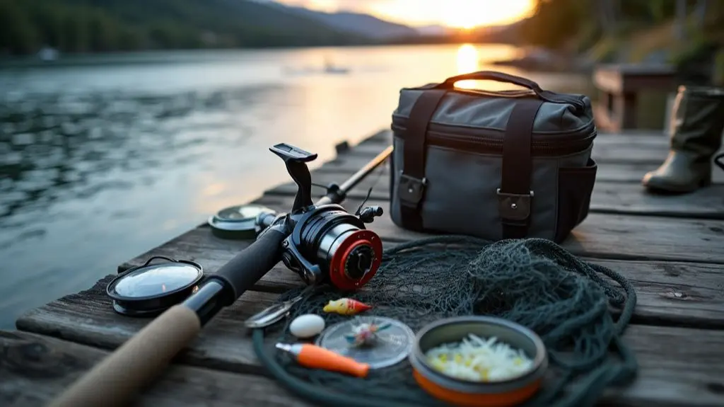 A high-quality fishing rod and reel, a tackle box with lures and hooks, waders, a net, and a cleaning kit, all arranged on a dock overlooking a serene river at dawn, ready for a day of salmon fishing. 