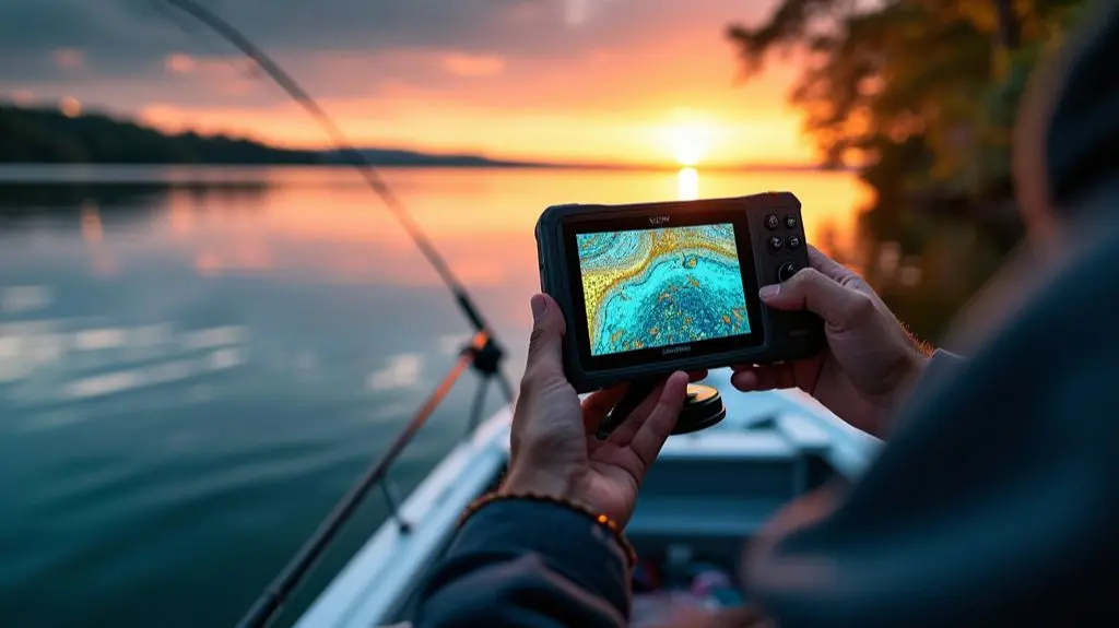 A serene lake scene with a fishing boat, the water's surface reflecting the vibrant colors of sunrise. On the boat, a fisherman holds a fish finder device, its screen illuminated, displaying a clear underwater view teeming with fish