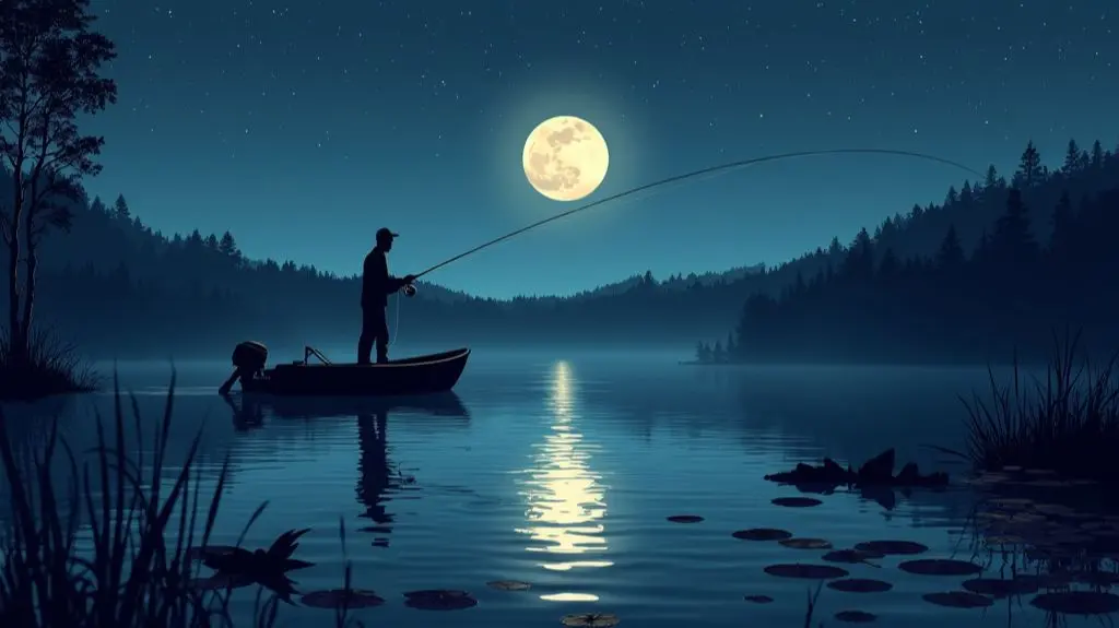 Moonlit lake, silhouette of a fisherman casting line from boat, stars reflecting on rippling water, nearby lily pads and cattails, bass leaping out of water, dark forest background