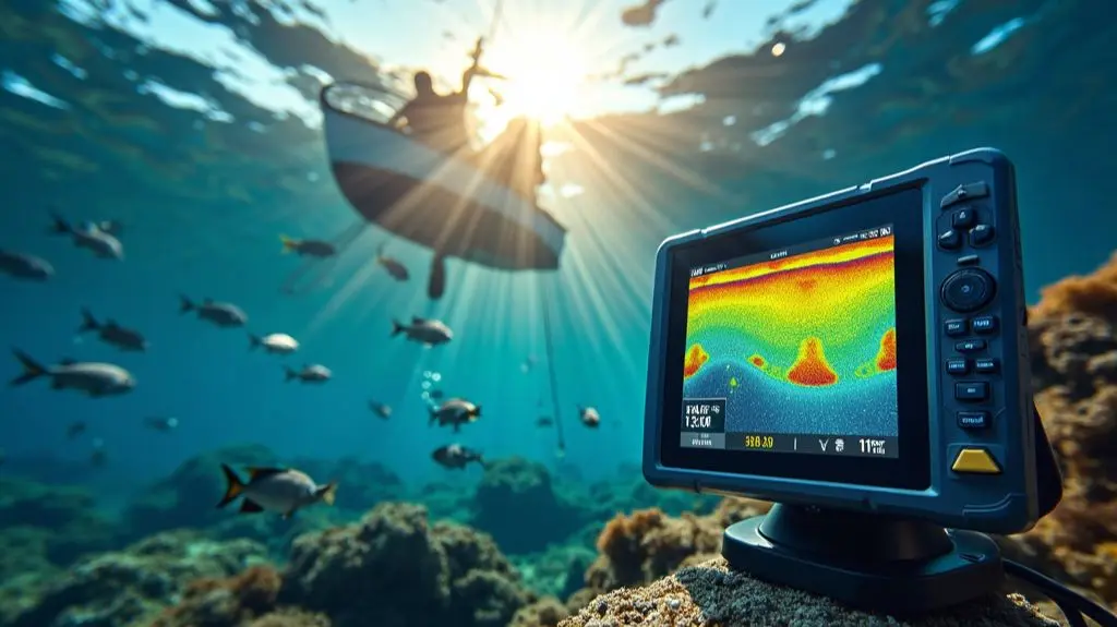 A vibrant underwater scene with a fisherman's boat above, showcasing a fish finder device with a glowing screen displaying fish icons, beside a school of fish, illustrating the practical application of electronics in fishing