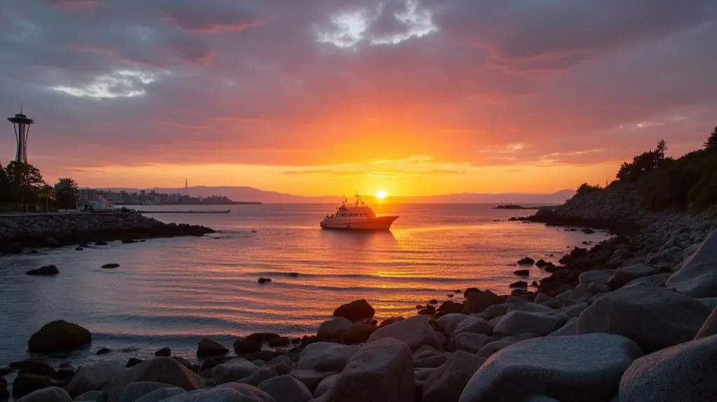 A serene sunrise over Seattle's coastline, with a fishing boat in the distance. In the foreground, a fisherman on a pier holds a large, freshly caught halibut, gleaming in the golden light