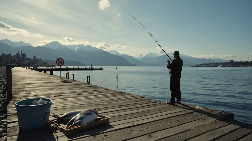 Serene Seattle coastline, pier extending into calm waters, fisherman casting line, majestic mountains in background, bucket of fresh halibut nearby, subtle "No Fishing" sign partially obscured, symbolizing regulatory considerations