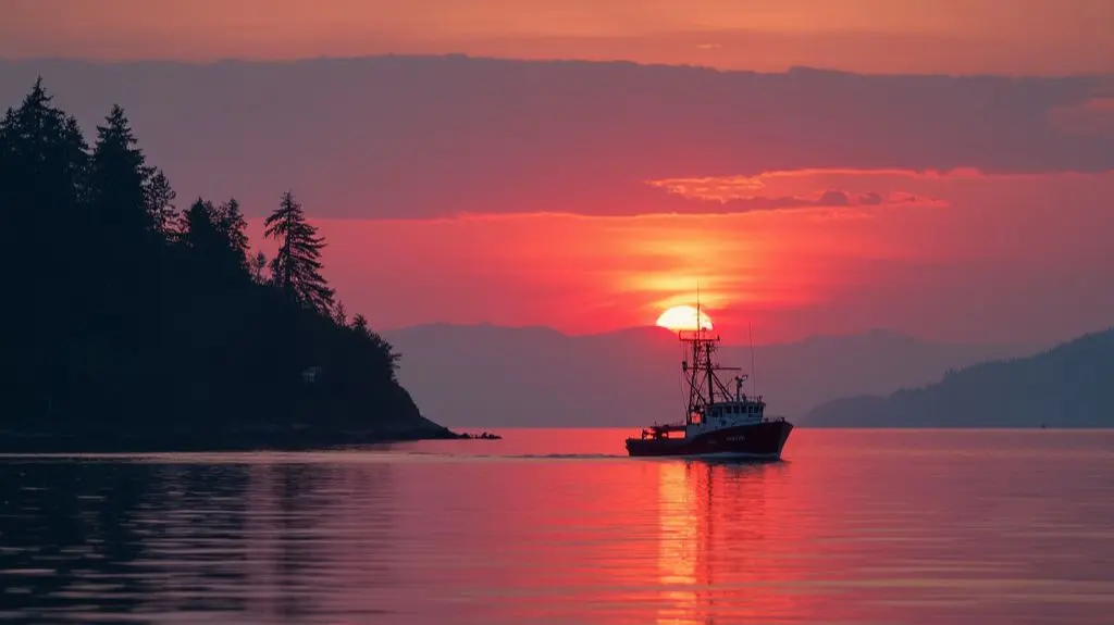 Serene Puget Sound at dawn, a fishing boat in the distance, silhouetted against a crimson sky. In the foreground, a close-up of a fishing rod bending under the weight of a large, unseen halibut, seasonal fishing patterns implied.