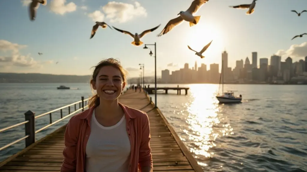 A serene, sunlit pier extending into Seattle's Elliott Bay, with the city skyline in the background. A fisherman, reeling in a large halibut, smiles triumphantly. Seagulls circle overhead, while boats dot the shimmering water nearby.