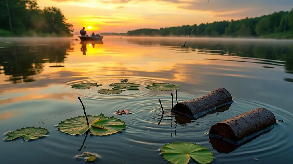 A serene lake at dawn, water reflecting orange sky, lily pads and submerged logs, a bass leaping from the water, hooked on a fishing line. In the background, green trees and a fisherman in a boat, casting a lure