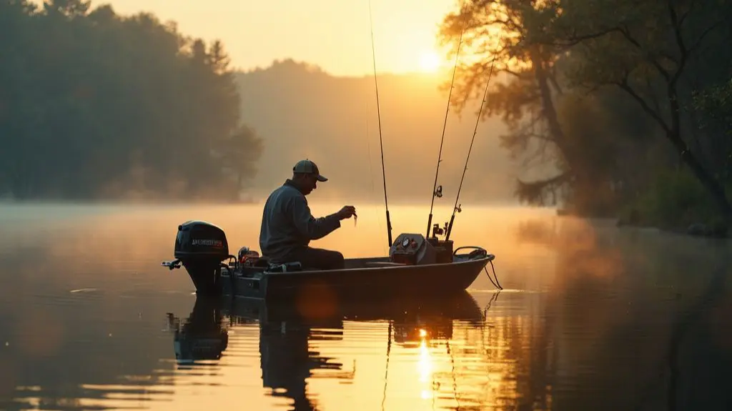 A serene lake at dawn, warm sunlight filtering through trees, a bass fisherman in a boat adjusting his lure, with a tackle box and rods visible, all under a hazy summer sky