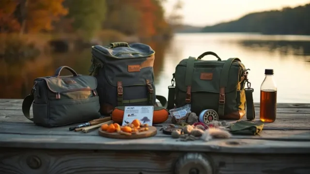 Three fly fishing packs arranged on a weathered wooden dock overlooking a tranquil river at dawn, their contents neatly displayed: reels, flies, line, snacks, and a water bottle. Soft, golden light illuminates the scene