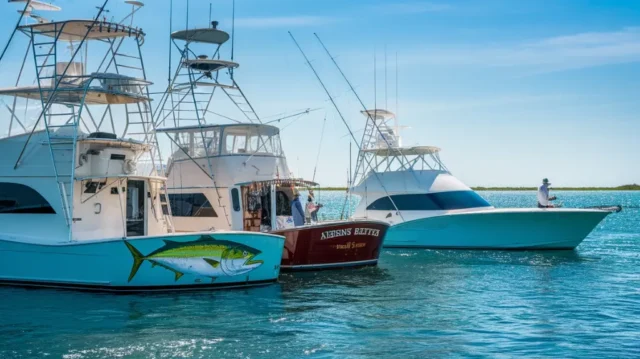 A vibrant marina scene with three fishing charter boats in the foreground, each displaying unique features. The backdrop showcases the Gulf's shimmering waters and clear blue sky, with fishermen reeling in snappers