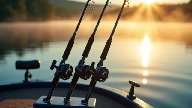 A serene lake at dawn, three fishing rods secured in high-quality holders on a boat's edge, lines taut, waiting for a catch. Morning light casts a golden glow, reflecting off the calm water and state-of-the-art fishing gear