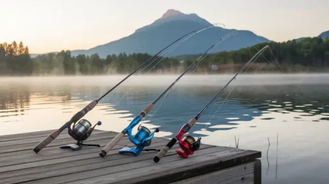 Three high-quality fishing rod and reel combos displayed on a wooden dock, casting lines into a serene lake at dawn, with mist rising from the water and a picturesque mountain landscape in the background