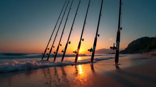 Sleek, modern fishing poles arrayed against a sunset beach backdrop, reflecting in the shimmering sand, with silhouettes of jumping sharks in the background waves, under a deep blue sky with a hint of stars emerging.