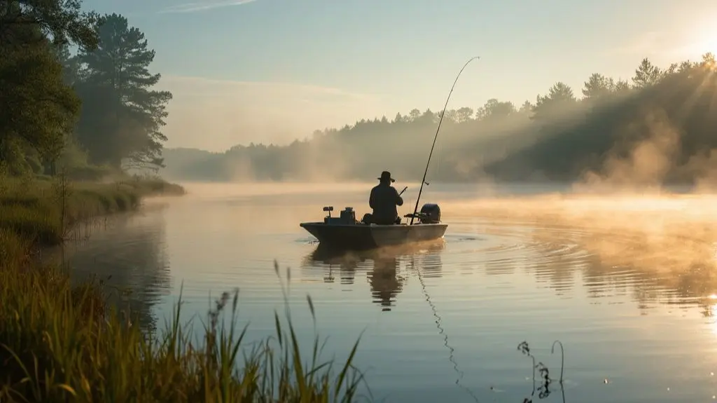 Serene lake at dawn, a bass fisherman in a boat casting a lure, mist rising from the water, lush vegetation on the shore, tackle box and fishing rod visible, warm sunlight filtering through the trees