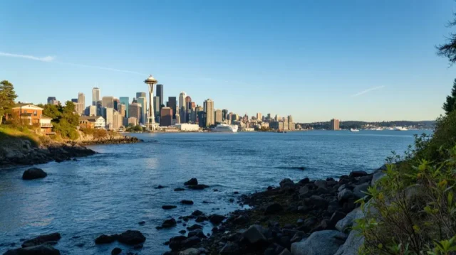 A scenic view of Seattle's coastline, with a fisherman reeling in a large halibut from a boat, the city skyline in the background, and a map of popular halibut fishing spots in the Puget Sound area.