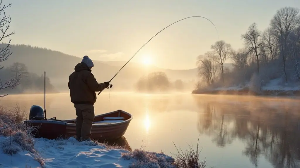 A serene winter landscape featuring a frosty lake at dawn, with a fisherman bundled in warm clothing casting a line from a boat, mist rising from the water's surface, and barren trees lining the distant shore