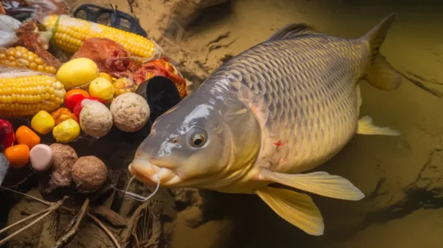 Carp swimming near different baits like corn, boilies, and dough balls, showcasing popular carp fishing options.