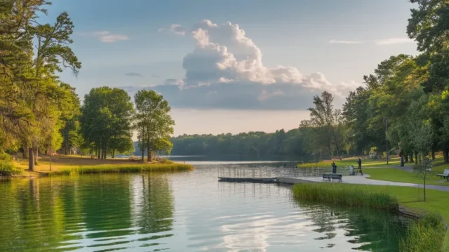 Scenic view of a lake park with anglers fishing, perfect for an outdoor adventure.