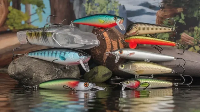 Collection of top-ranked bass fishing lures from popular brands, showcasing different lure types for successful bass fishing.