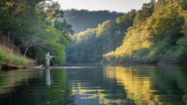 Beautiful view of Chattahoochee River fishing spots with an angler casting a line.