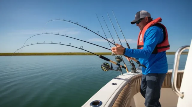 Skilled angler trolling with multiple fishing rods on a boat, showcasing expert tips for successful trolling