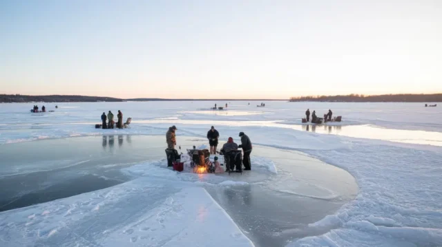 Ice fishing on Red Lake with anglers in huts, surrounded by a winter landscape.