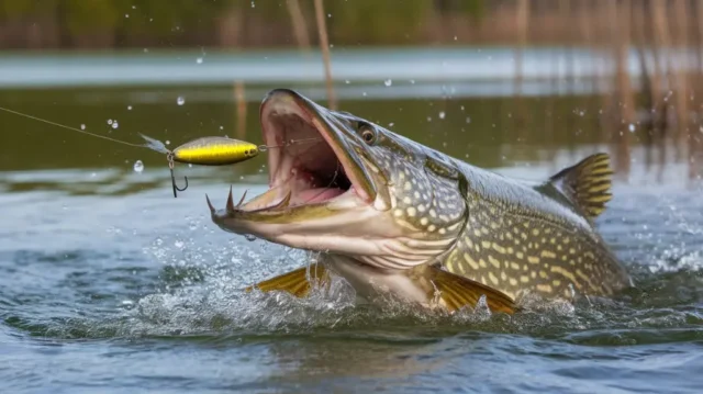 Aggressive pike fish striking bait in water, highlighting top choices for hooking pike.