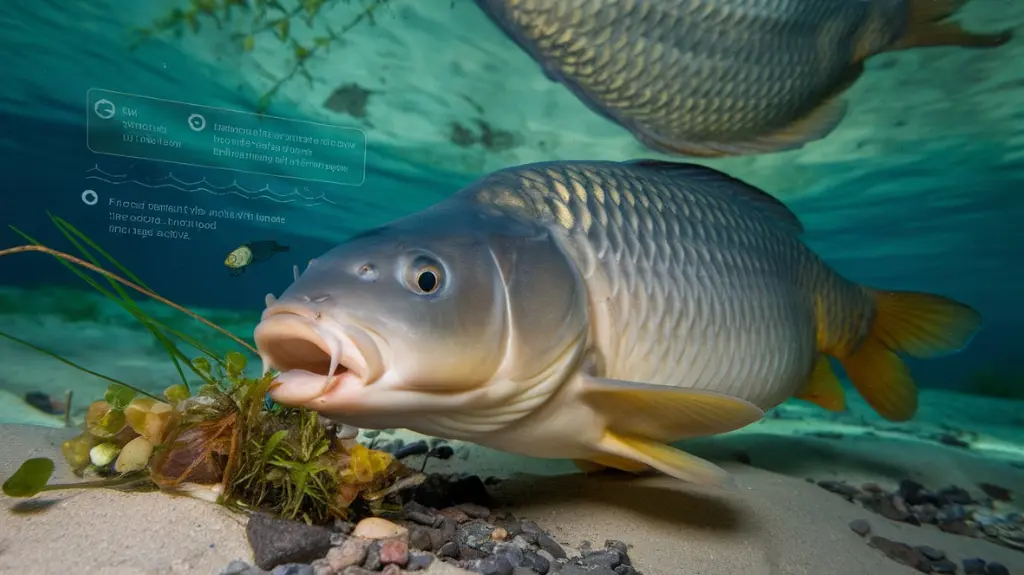 Underwater view of a carp feeding on the riverbed, highlighting natural food sources like plants and invertebrates.