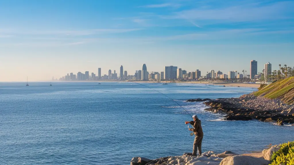 Angler casting a line from the San Diego shore, showcasing the city as a paradise for fishing enthusiasts.