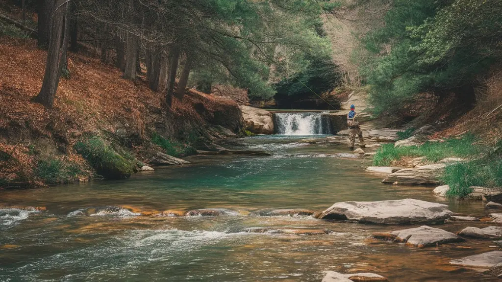 Serene North Georgia headwaters and tributaries ideal for fishing, featuring a fisherman casting near a waterfall.