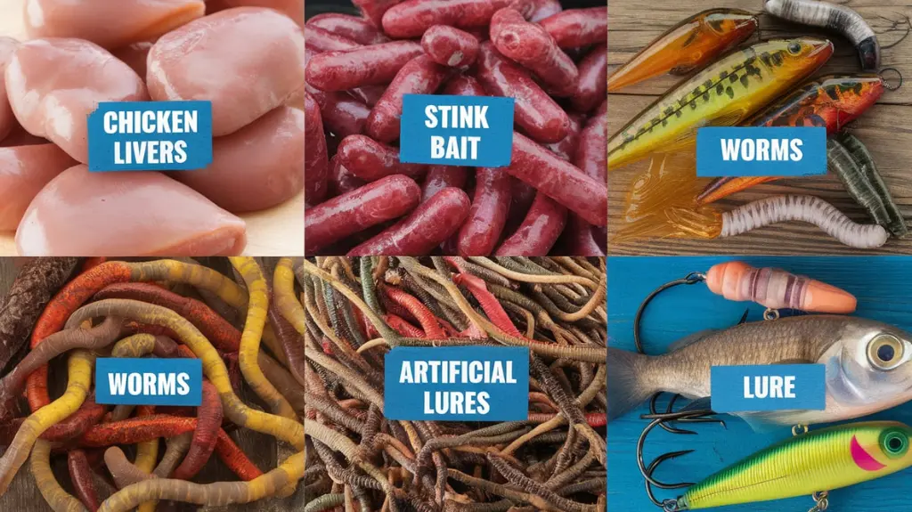 Various types of catfish bait, including chicken liver, stink bait, and worms, displayed on a wooden surface.