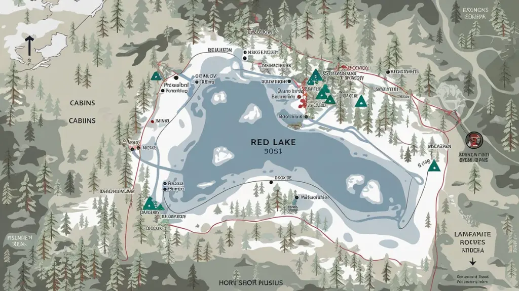 Map of Red Lake highlighting ice fishing spots, access points, and amenities for planning a fishing trip.