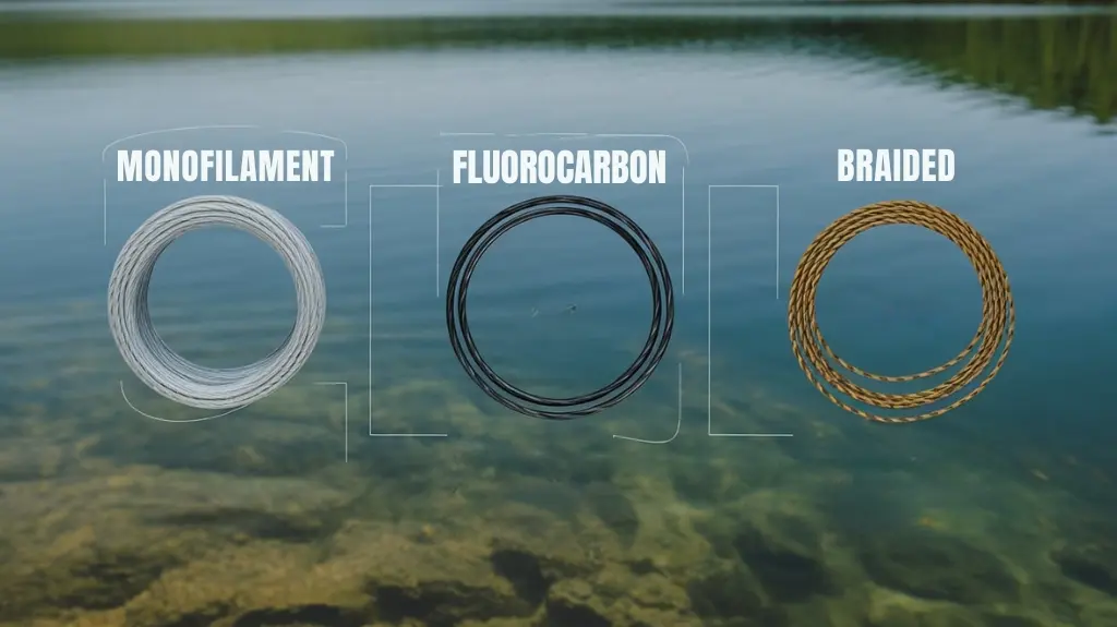 Infographic comparing types of fishing lines for bass, including monofilament, fluorocarbon, and braided, with pros and cons.