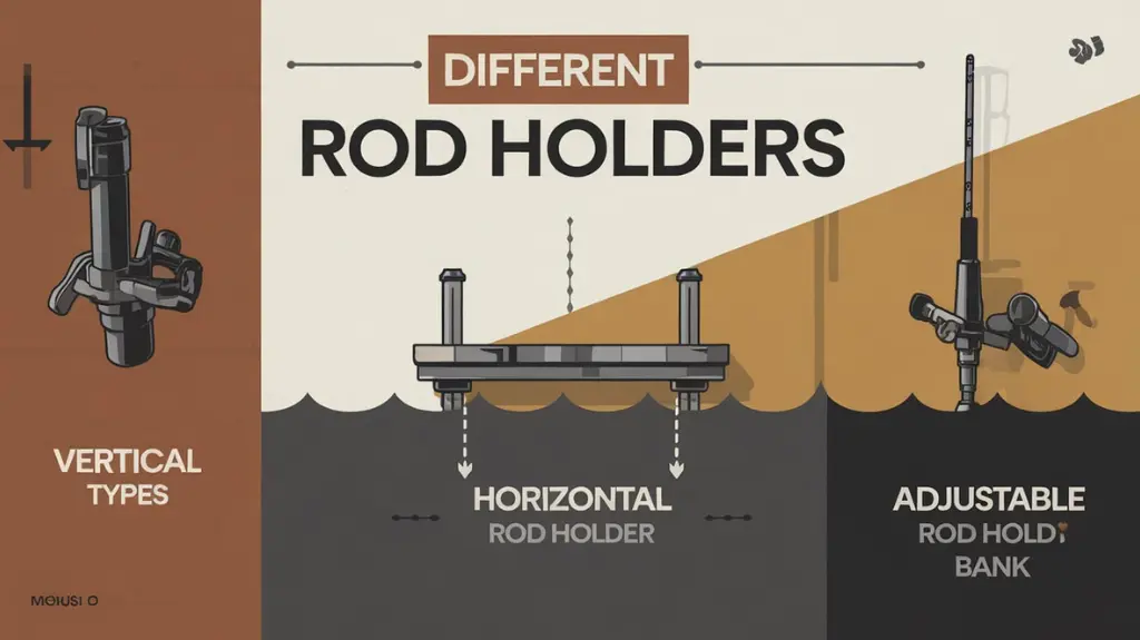 Infographic of various types of rod holders, including vertical, horizontal, and adjustable options for fishing.