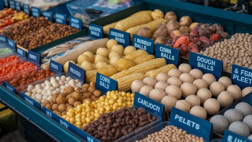 Collection of popular carp baits like boilies, corn, and dough balls on a fishing table, labeled for reference.