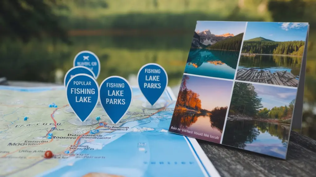 Map highlighting popular fishing lake parks across the country with featured park images.