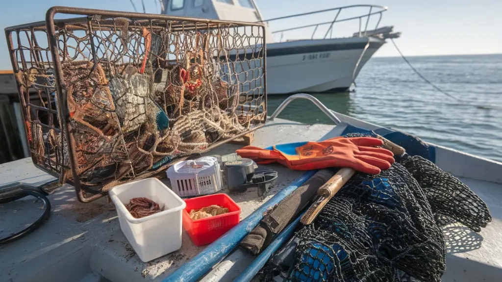 Organized crabbing gear, including traps and bait, set up for a crabbing expedition on a dock.