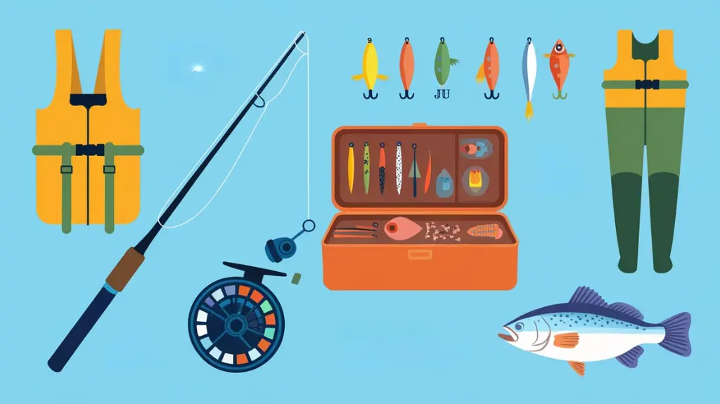 Infographic showcasing essential fishing accessories, including rods, lures, and tackle boxes, with descriptions of their uses.