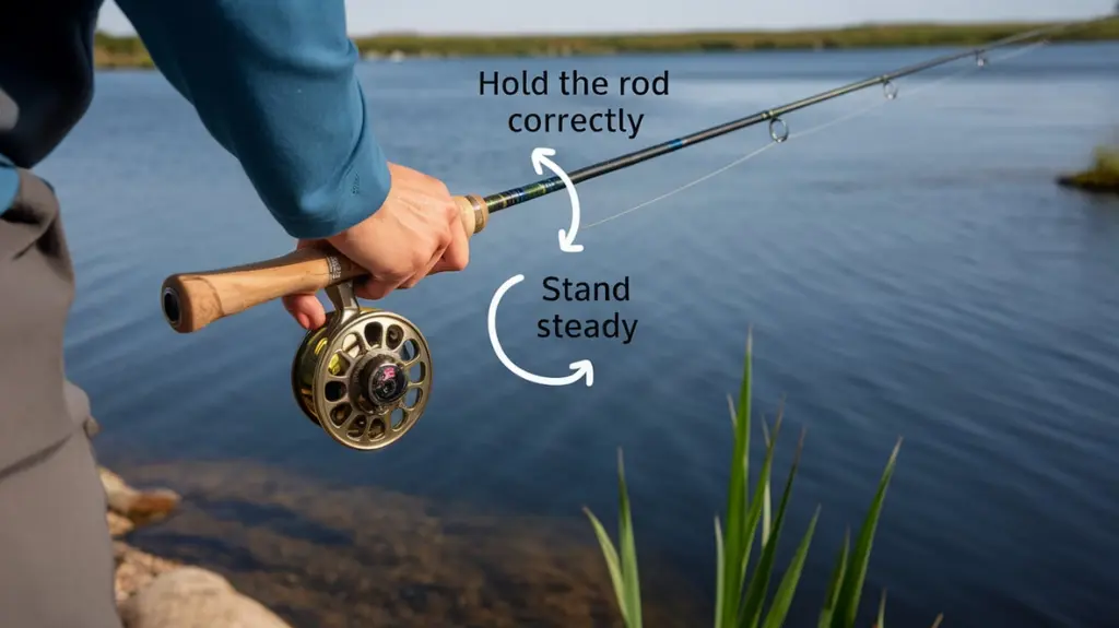 Close-up of correct fishing rod grip and casting stance, illustrating the fundamentals of fishing casting technique.