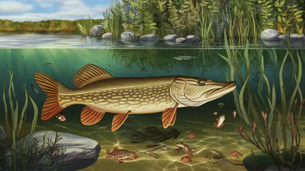 Illustration of a pike stalking small fish and other prey, explaining pike diet and behavior.