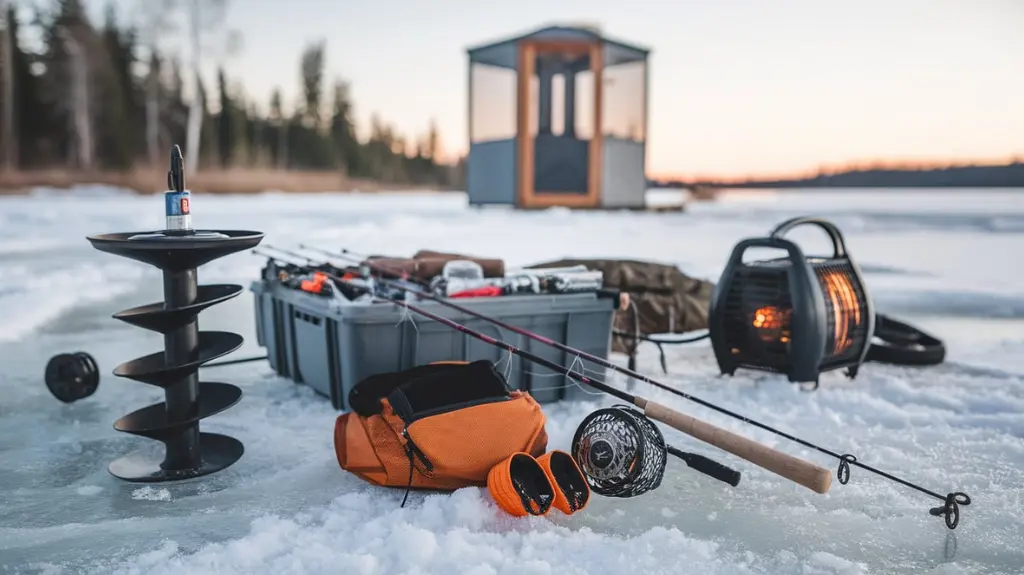 Essential ice fishing equipment on Red Lake, including auger, rods, tackle box, and heater on the snow.