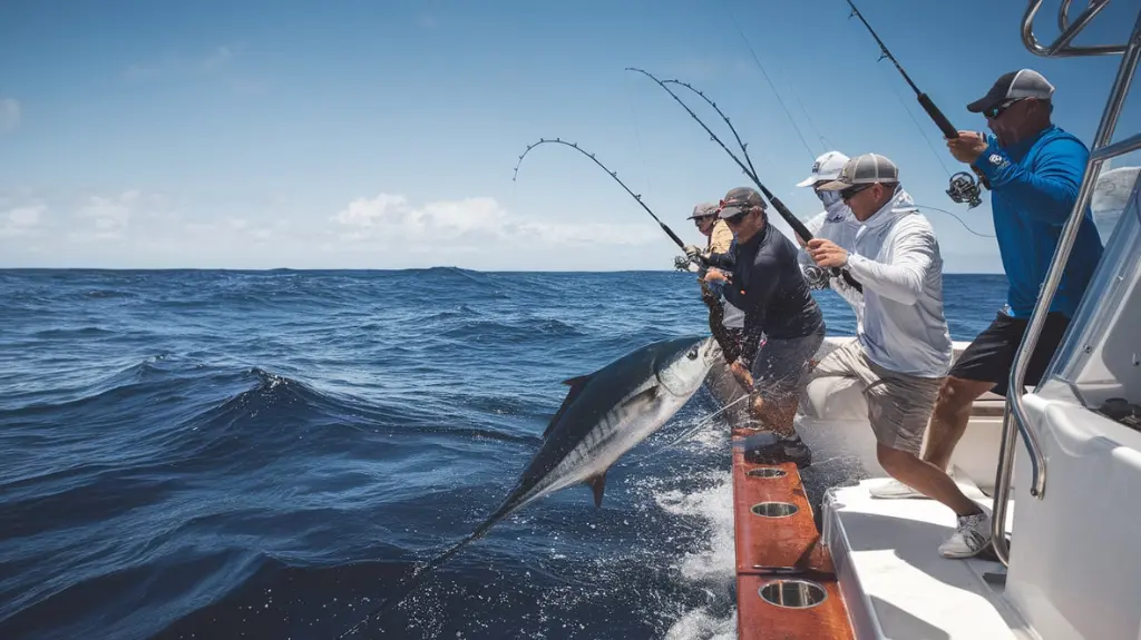 Anglers on a charter boat engaging in deep-sea fishing off San Diego’s coast, ready for a thrilling adventure.