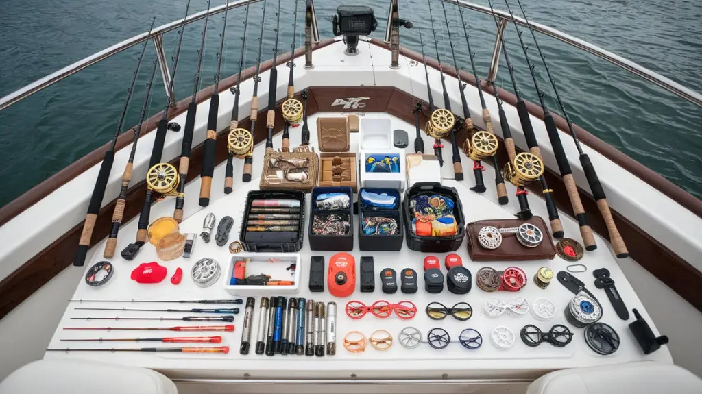 Essential trolling gear displayed on a boat deck, including rods, reels, lures, and tackle boxes for successful fishing.