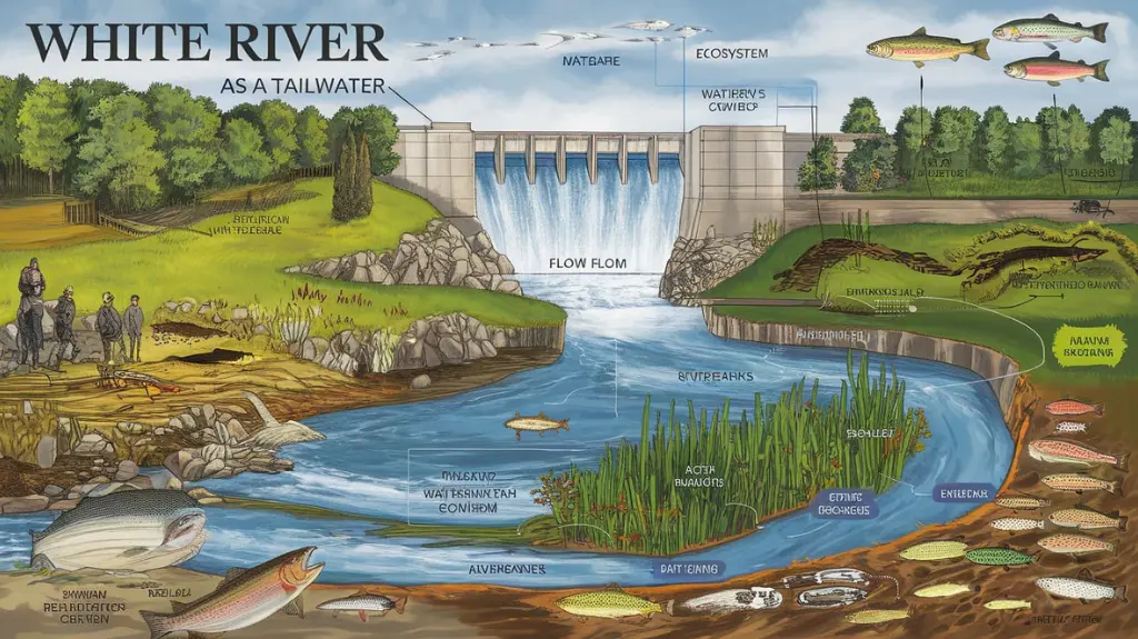 Diagram illustrating the White River as a tailwater system, showing water flow, trout habitats, and ecosystem features.