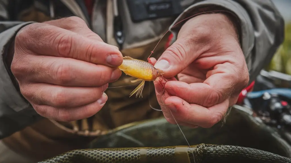 Angler rigging a carp bait on a hook using advanced techniques like hair rigs.