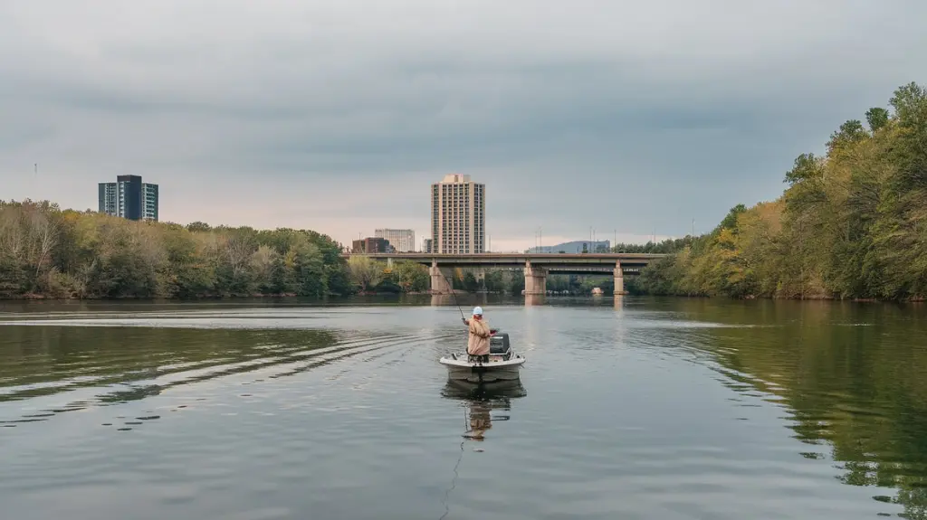 Chattahoochee River tailwater fishing spot near Metro Atlanta, with an angler fishing from a boat.