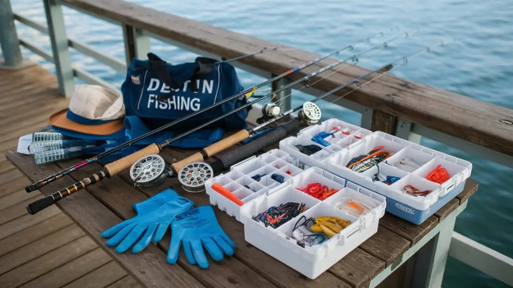 A selection of pier fishing gear for Destin, including rods, reels, and tackle, ideal for fishing in the Gulf of Mexico.