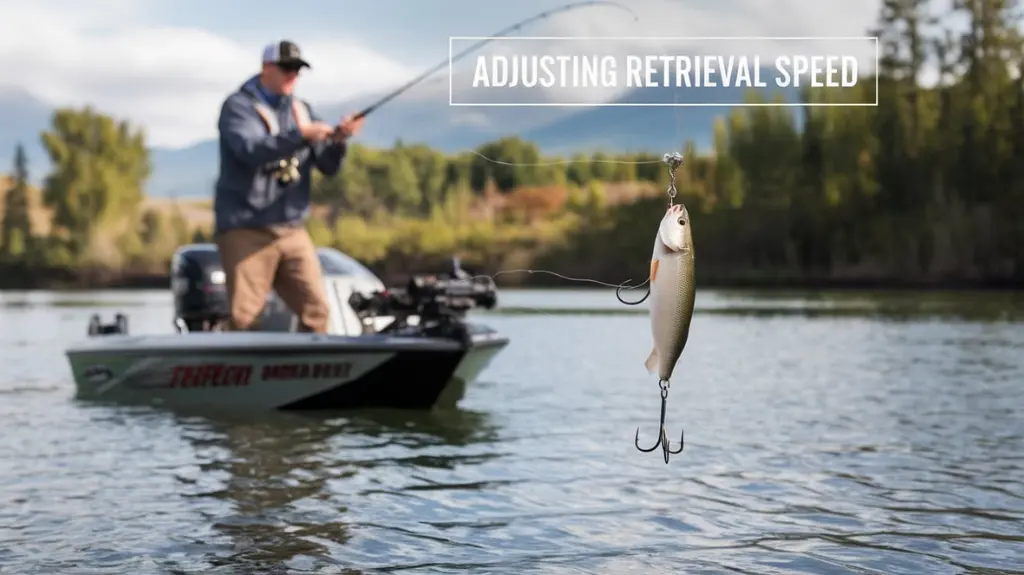 Expert angler using bass fishing techniques, with tips on adjusting lure retrieval speed and selecting colors for effective fishing.