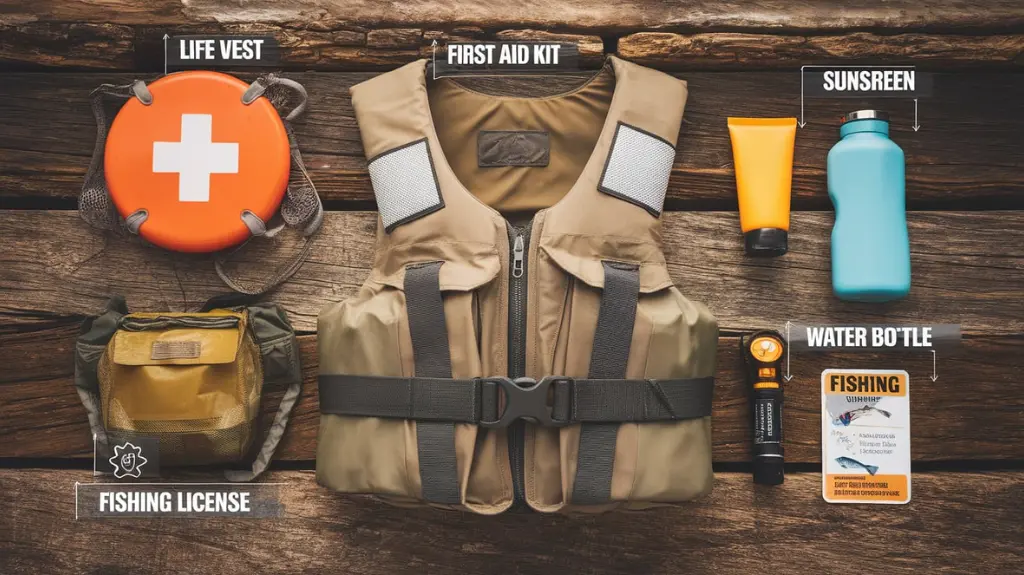 Essential safety and preparedness gear for fishing in lake parks, including life vest, first aid kit, and water bottle.