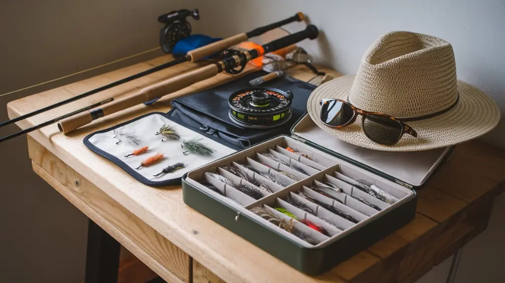 Essential fly fishing gear for the White River, including a rod, reel, tackle box with flies, and polarized sunglasses.