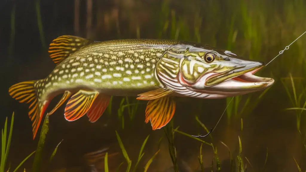 Realistic image of live bait like a minnow on a hook, showing natural presentation for attracting pike.