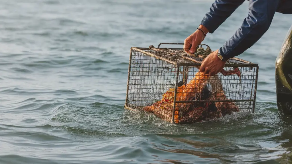 Expert crabber setting up a trap in the water, demonstrating crabbing techniques for success.